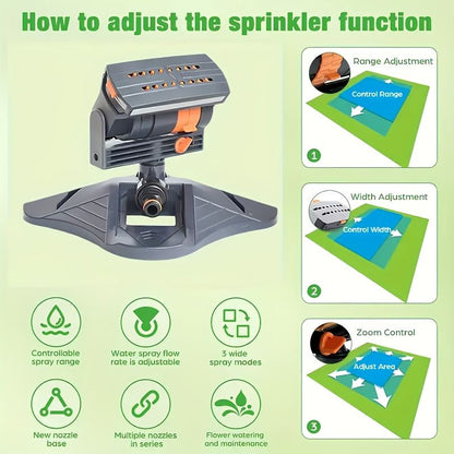 1 garden sprinkler with 16 nozzles, 180 degrees rotating adjustable head, automatic irrigation system, wide V1106-HEPT-001