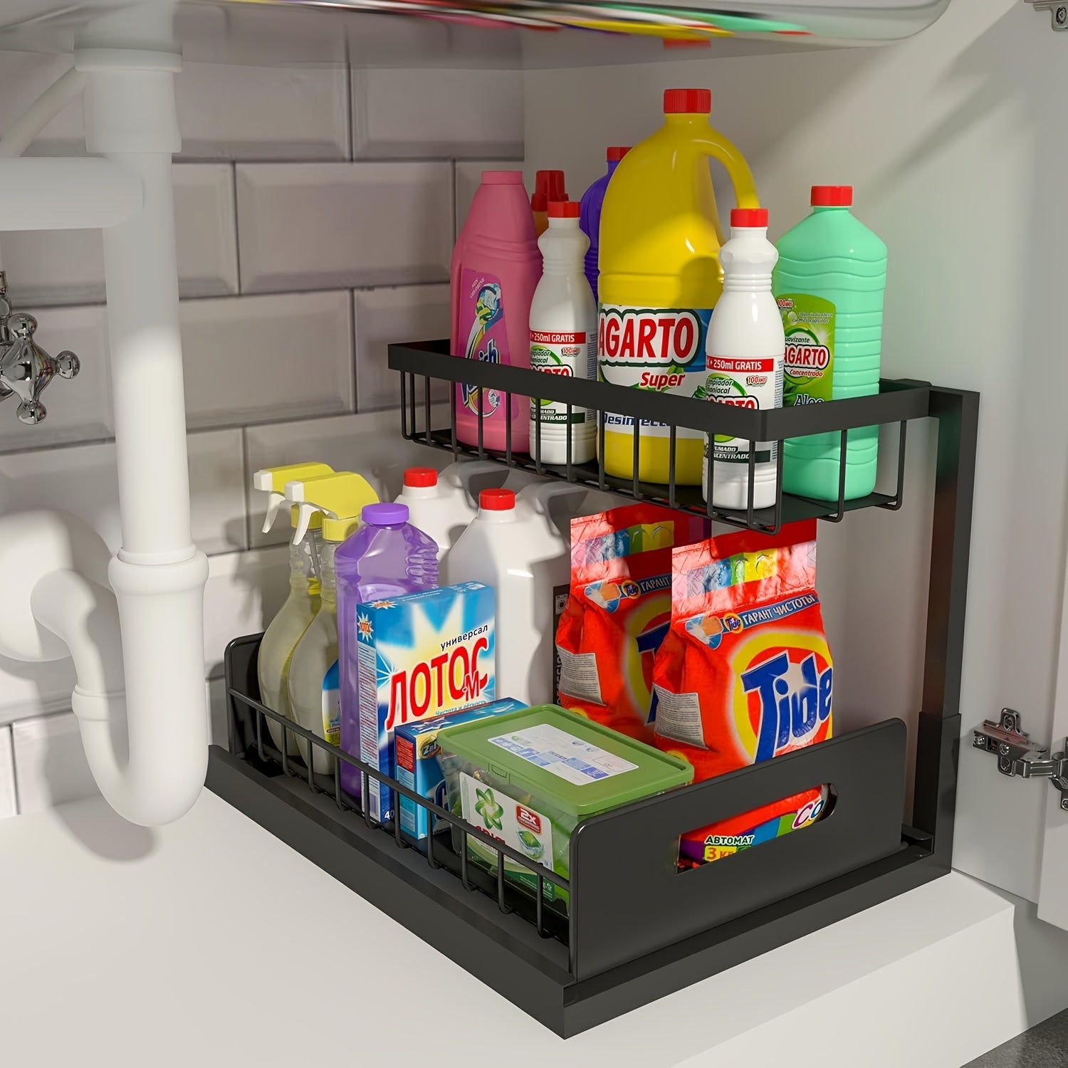 Kitchen sink storage box, pull-out cabinet storage box 2-layer sliding sink rack cabinet storage rack, V1106-HESN-001