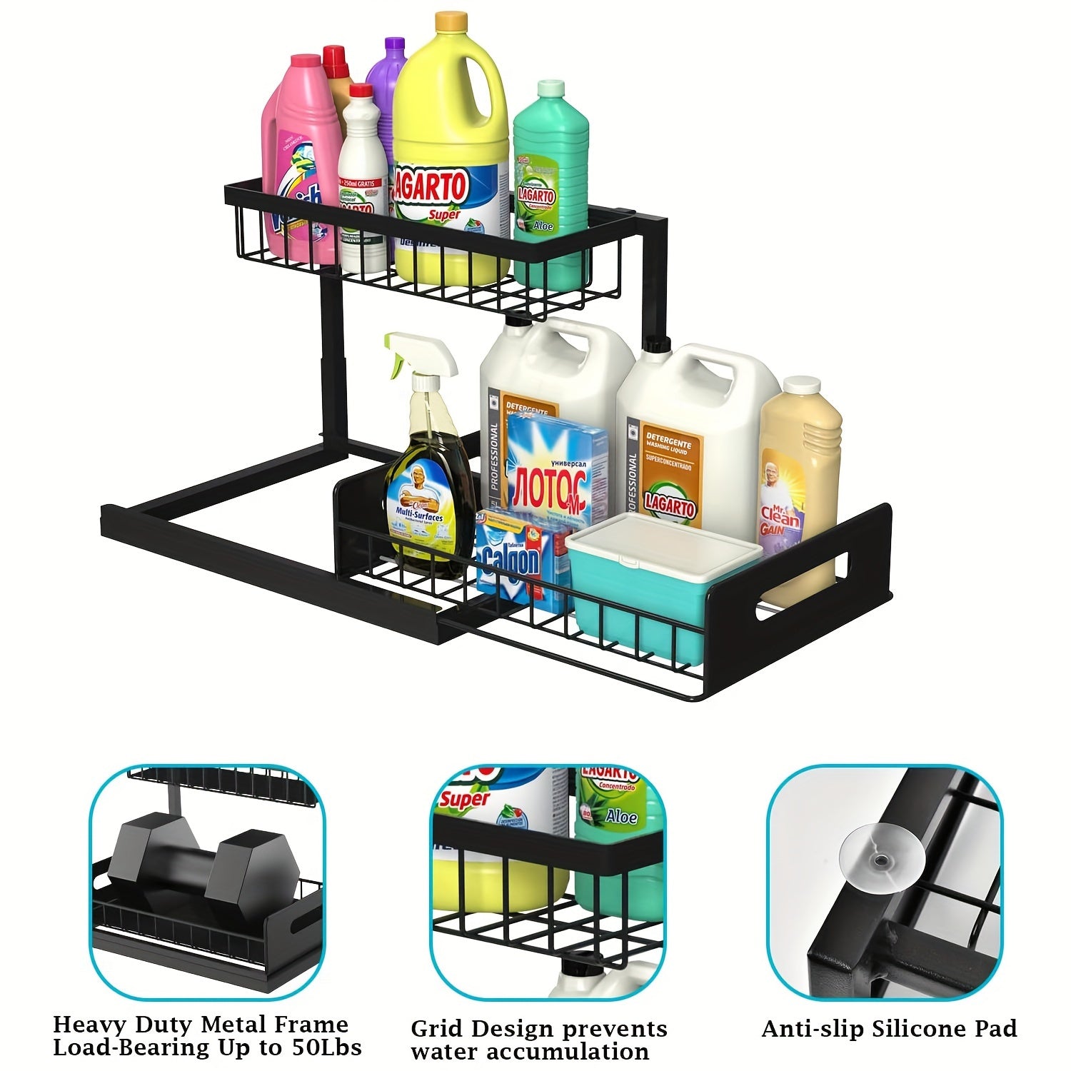 Kitchen sink storage box, pull-out cabinet storage box 2-layer sliding sink rack cabinet storage rack, V1106-HESN-001