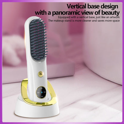 Cordless Hair Straightener Brush, Portable Mini Ionic Hair Straightener with Titanium Plates, USB Rechargeable Travel Straightening Comb for Short, Wavy Hair, Bangs & Quick Touch Ups - White - Size 205mm