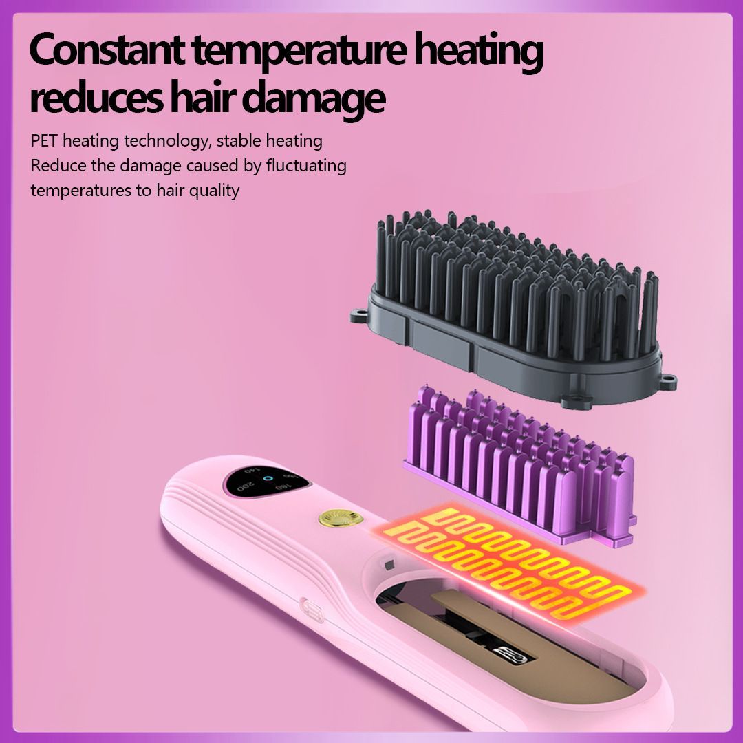 Cordless Hair Straightener Brush, Portable Mini Ionic Hair Straightener with Titanium Plates, USB Rechargeable Travel Straightening Comb for Short, Wavy Hair, Bangs & Quick Touch Ups - White - Size 205mm