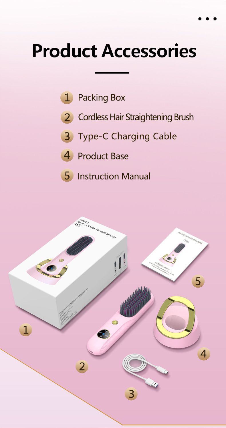 Cordless Hair Straightener Brush, Portable Mini Ionic Hair Straightener with Titanium Plates, USB Rechargeable Travel Straightening Comb for Short, Wavy Hair, Bangs & Quick Touch Ups - White - Size 205mm
