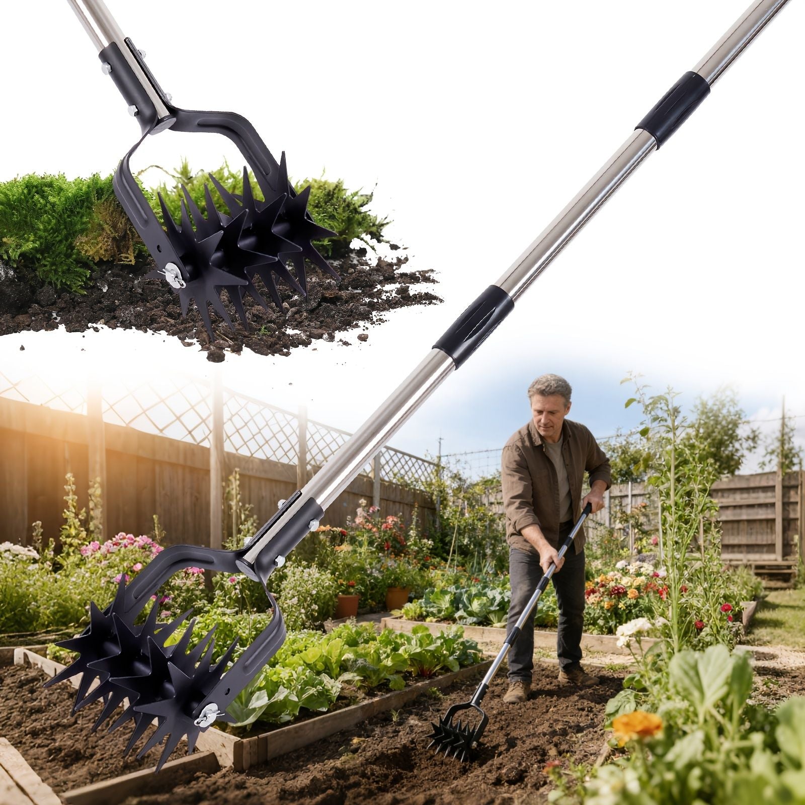 Garden Hand-Held Rotating Tiller for Home and Garden Soil Cultivation-Black V1107-119-BLA-49182