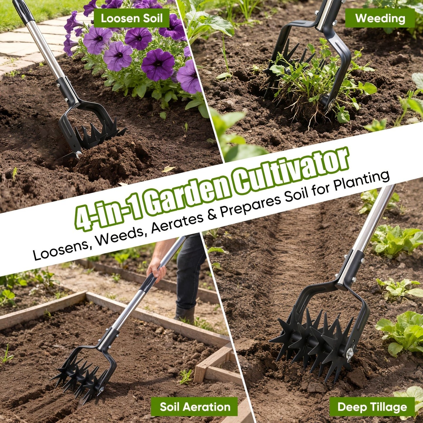 Garden Hand-Held Rotating Tiller for Home and Garden Soil Cultivation-Black V1107-119-BLA-49182