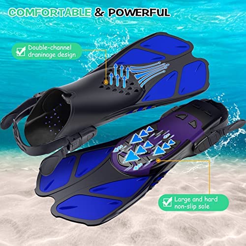 Blue Adjustable Open Heel Snorkel Fins, Travel-Size Short Swim Flippers for Snorkeling, Diving & Swimming, V1107-ADJUSTABLE OPEN HEEL SNORKEL FINS1-S
