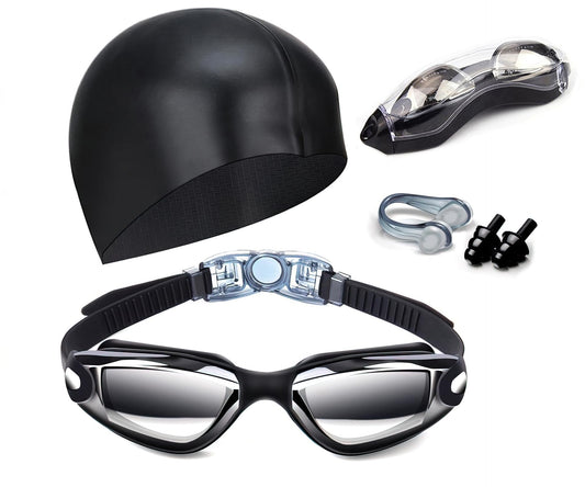 Black Swim Goggles Set with Cap, Nose Clip, Earplugs & Case: Anti-Fog UV Protection for Men & Women V1107-BLACK SWIM GOGGLES SET