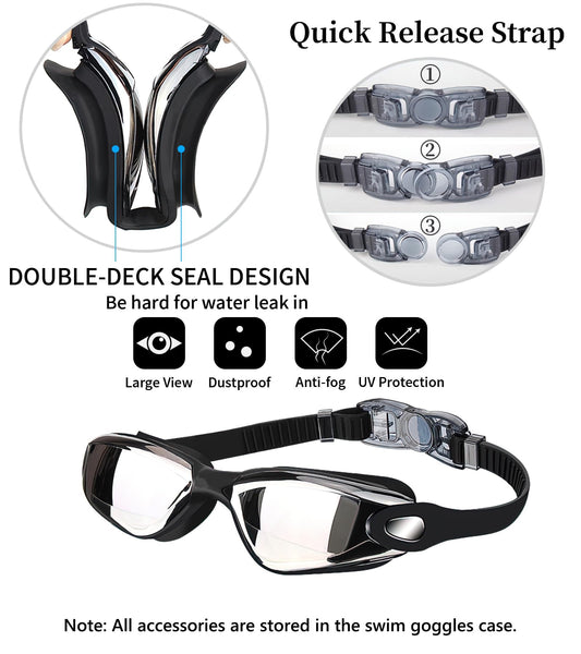 Black Swim Goggles Set with Cap, Nose Clip, Earplugs & Case: Anti-Fog UV Protection for Men & Women V1107-BLACK SWIM GOGGLES SET