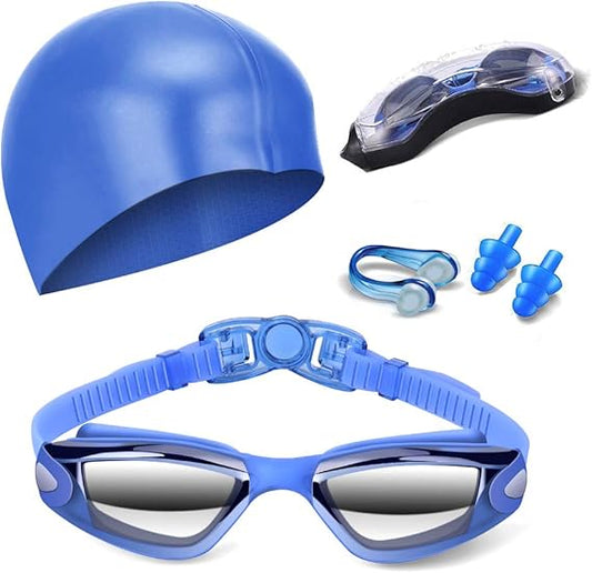 Blue Swim Goggles Set with Cap, Nose Clip, Earplugs & Case: Anti-Fog UV Protection for Men & Women V1107-BLUE SWIM GOGGLES SET