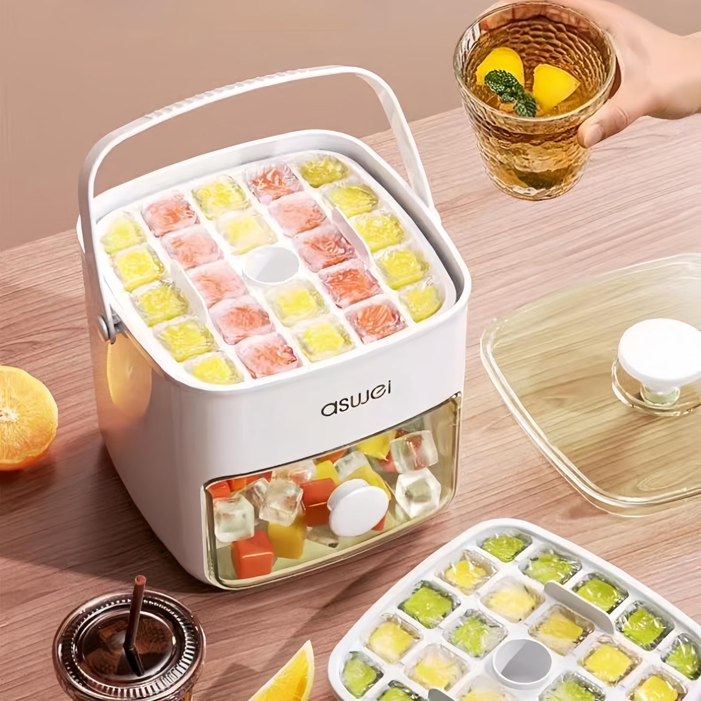 Portable Ice Cube Maker with Storage Drawer - BPA-Free, 48-Cube Capacity, Push-Release Tray & Transparent Lid V1107-CS-AYBKMJB