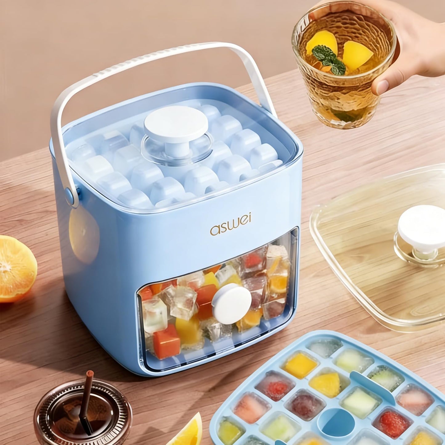 Portable Ice Cube Maker with Storage Drawer - BPA-Free, 48-Cube Capacity, Push-Release Tray & Transparent Lid V1107-CS-AYBKMJL
