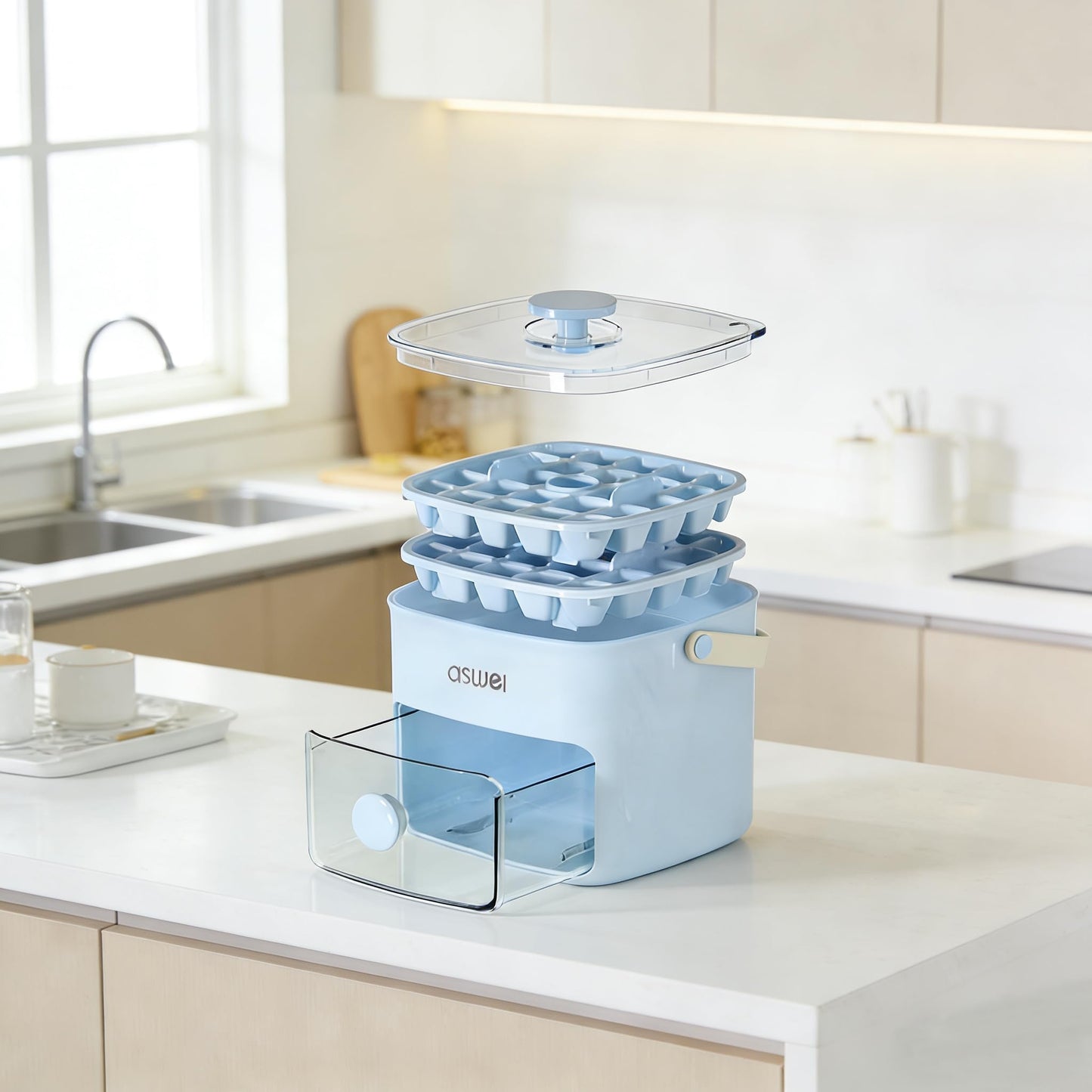 Portable Ice Cube Maker with Storage Drawer - BPA-Free, 48-Cube Capacity, Push-Release Tray & Transparent Lid V1107-CS-AYBKMJL
