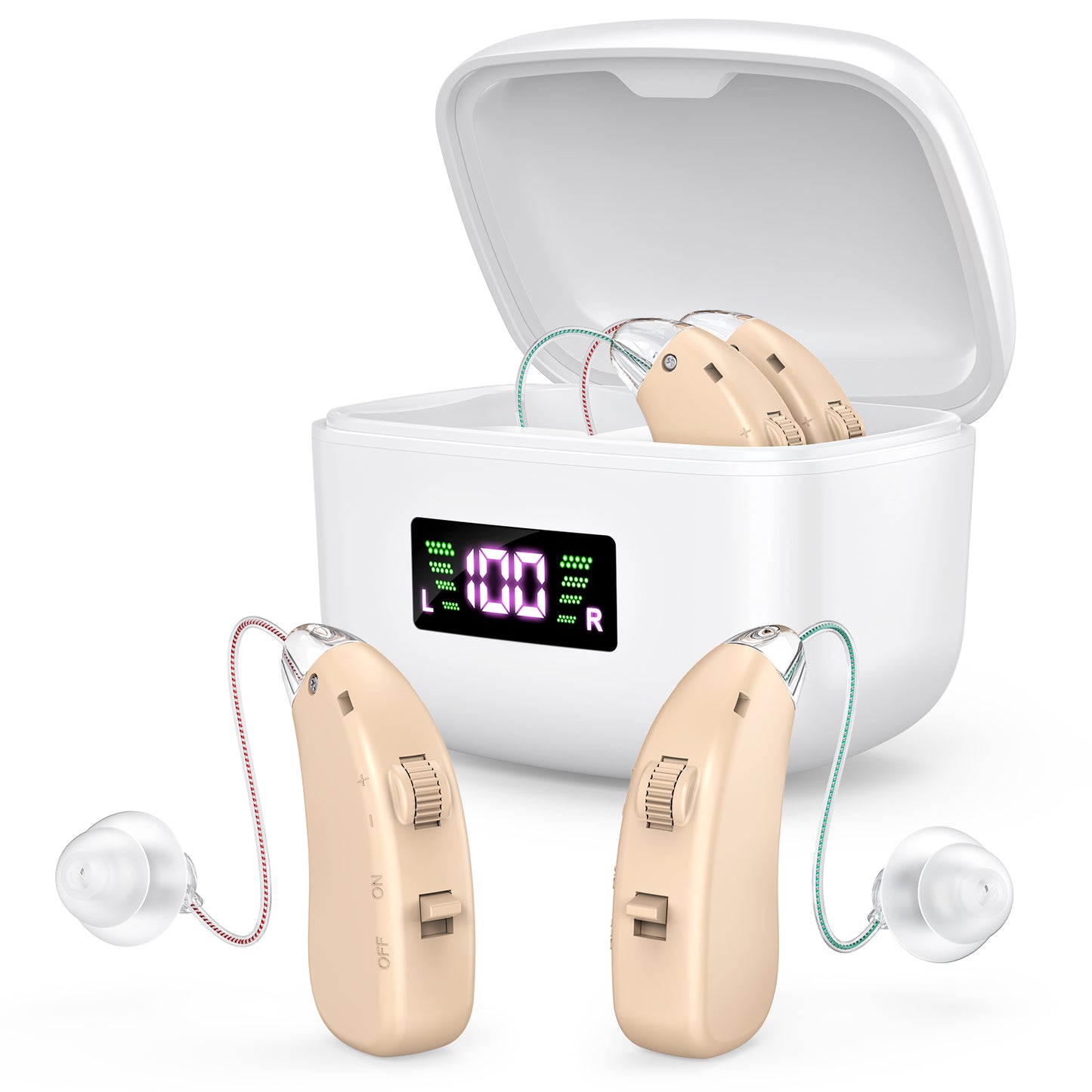 Rechargeable Behind-the-Ear Hearing Aids with Charging Case & LCD Display - Compact Sound Amplifier for V1107-CS-BCFS802