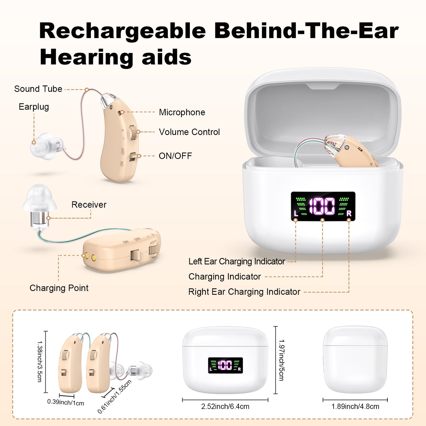 Rechargeable Behind-the-Ear Hearing Aids with Charging Case & LCD Display - Compact Sound Amplifier for V1107-CS-BCFS802