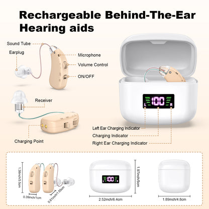 Rechargeable Behind-the-Ear Hearing Aids with Charging Case & LCD Display - Compact Sound Amplifier for V1107-CS-BCFS802