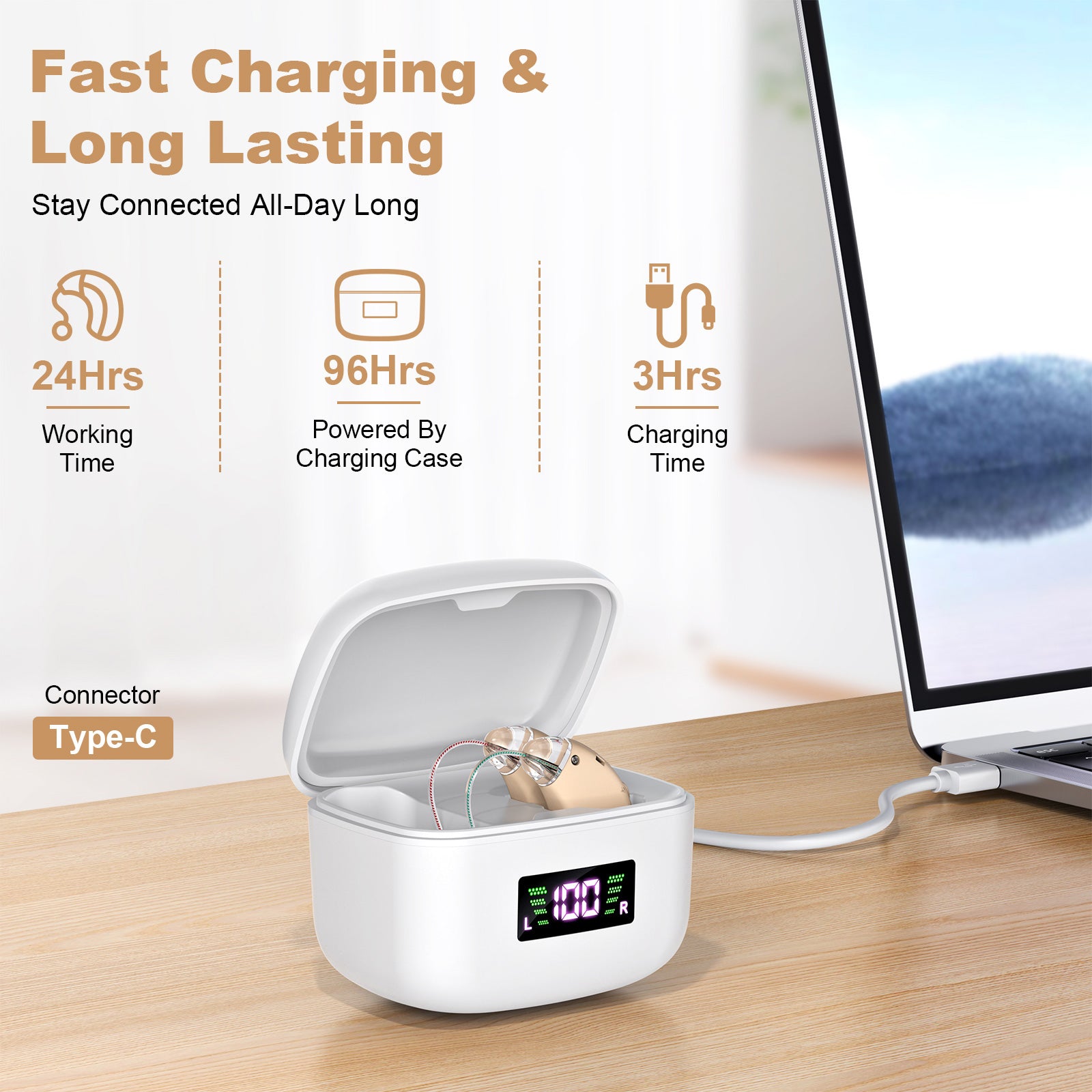 Rechargeable Behind-the-Ear Hearing Aids with Charging Case & LCD Display - Compact Sound Amplifier for V1107-CS-BCFS802