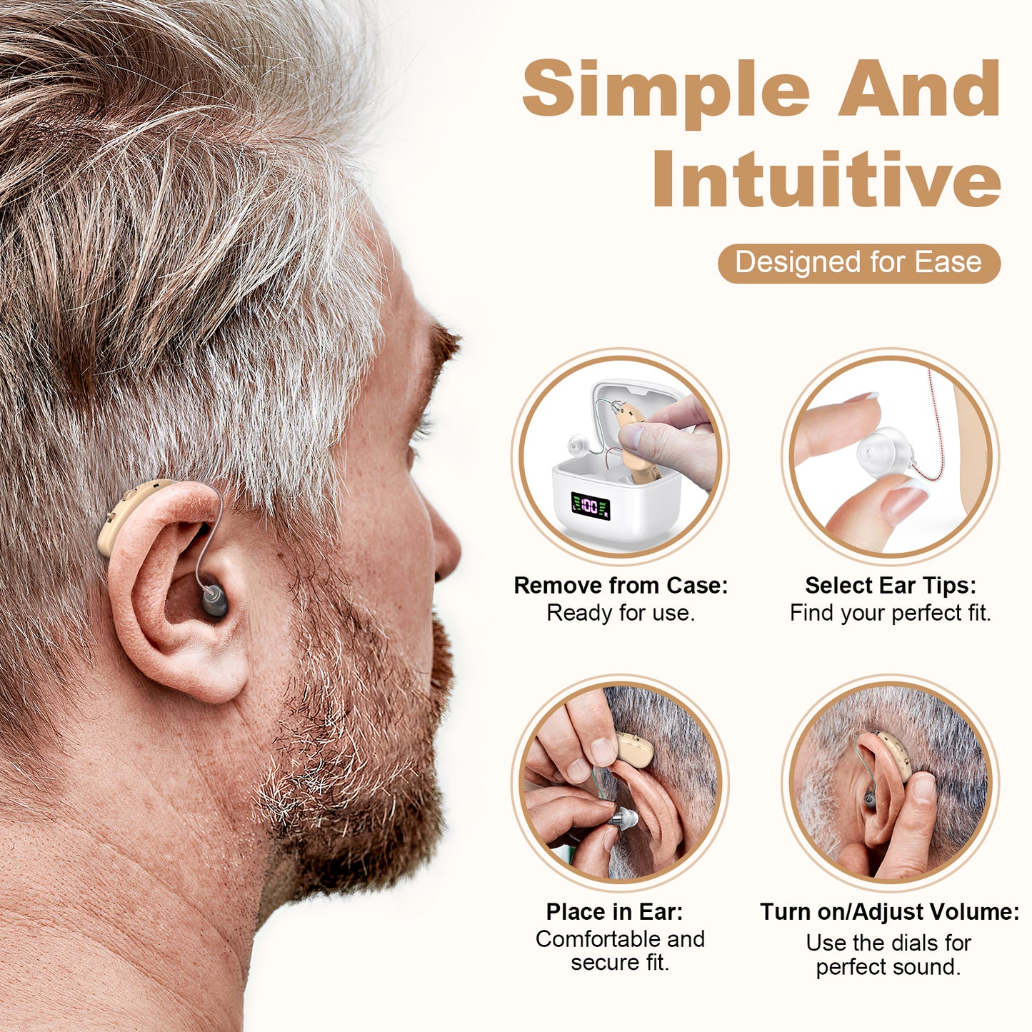 Rechargeable Behind-the-Ear Hearing Aids with Charging Case & LCD Display - Compact Sound Amplifier for V1107-CS-BCFS802