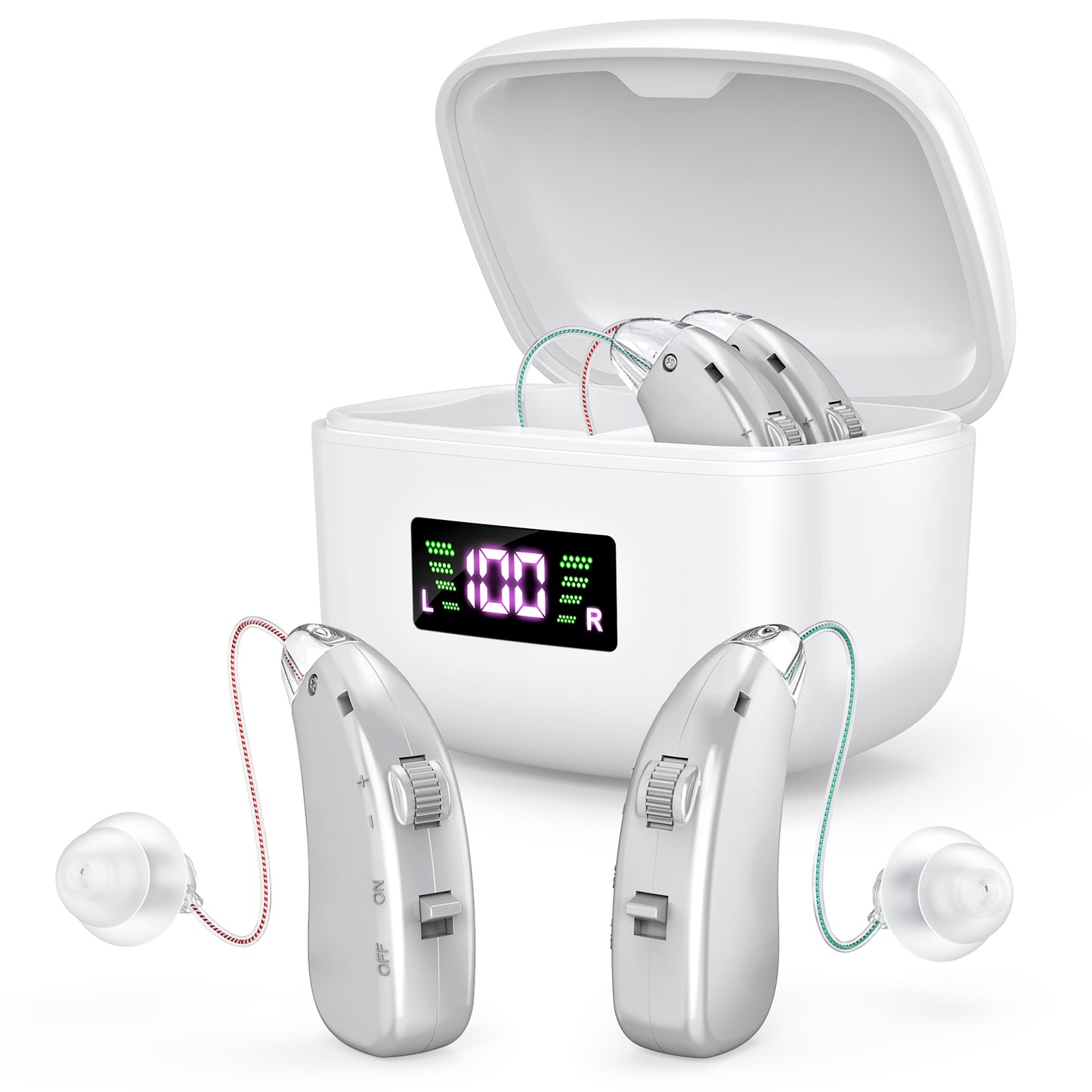 Rechargeable Behind-the-Ear Hearing Aids with Charging Case & LCD Display - Compact Sound Amplifier for V1107-CS-BCYS802
