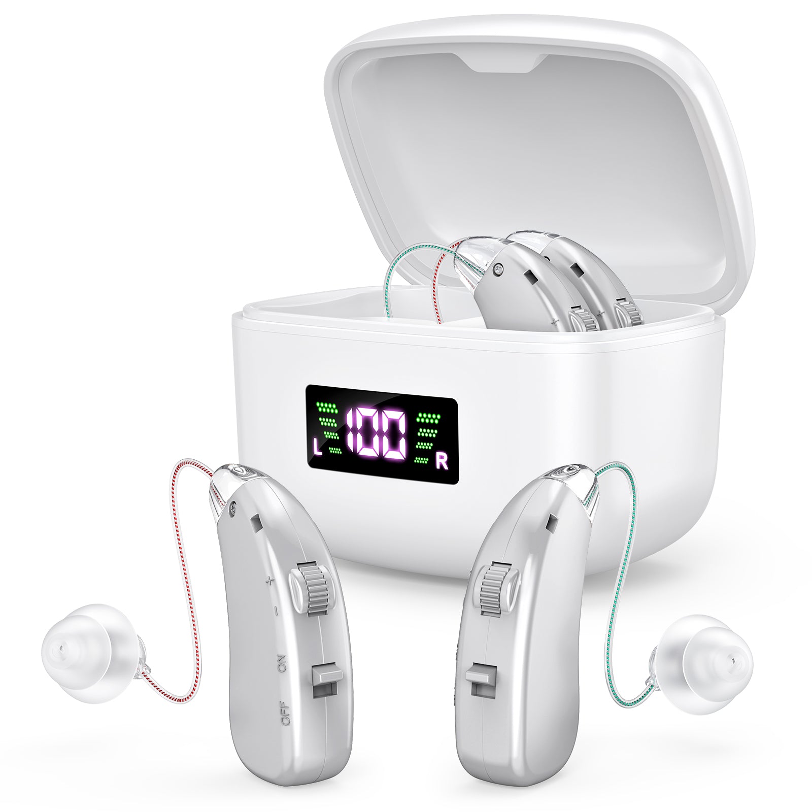 Rechargeable Behind-the-Ear Hearing Aids with Charging Case & LCD Display - Compact Sound Amplifier for V1107-CS-BCYS802