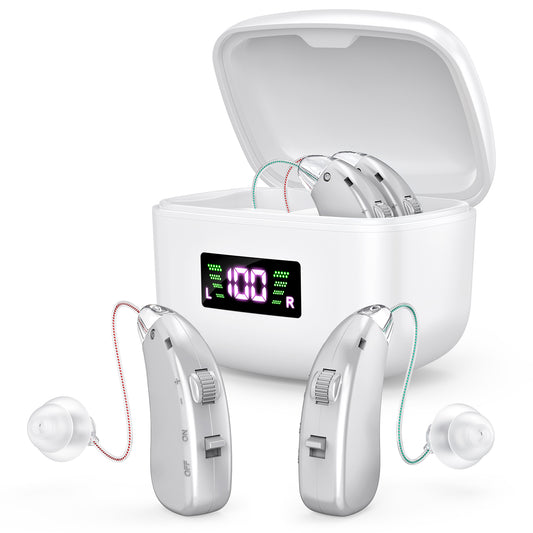 Rechargeable Behind-the-Ear Hearing Aids with Charging Case & LCD Display - Compact Sound Amplifier for V1107-CS-BCYS802