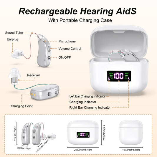 Rechargeable Behind-the-Ear Hearing Aids with Charging Case & LCD Display - Compact Sound Amplifier for V1107-CS-BCYS802