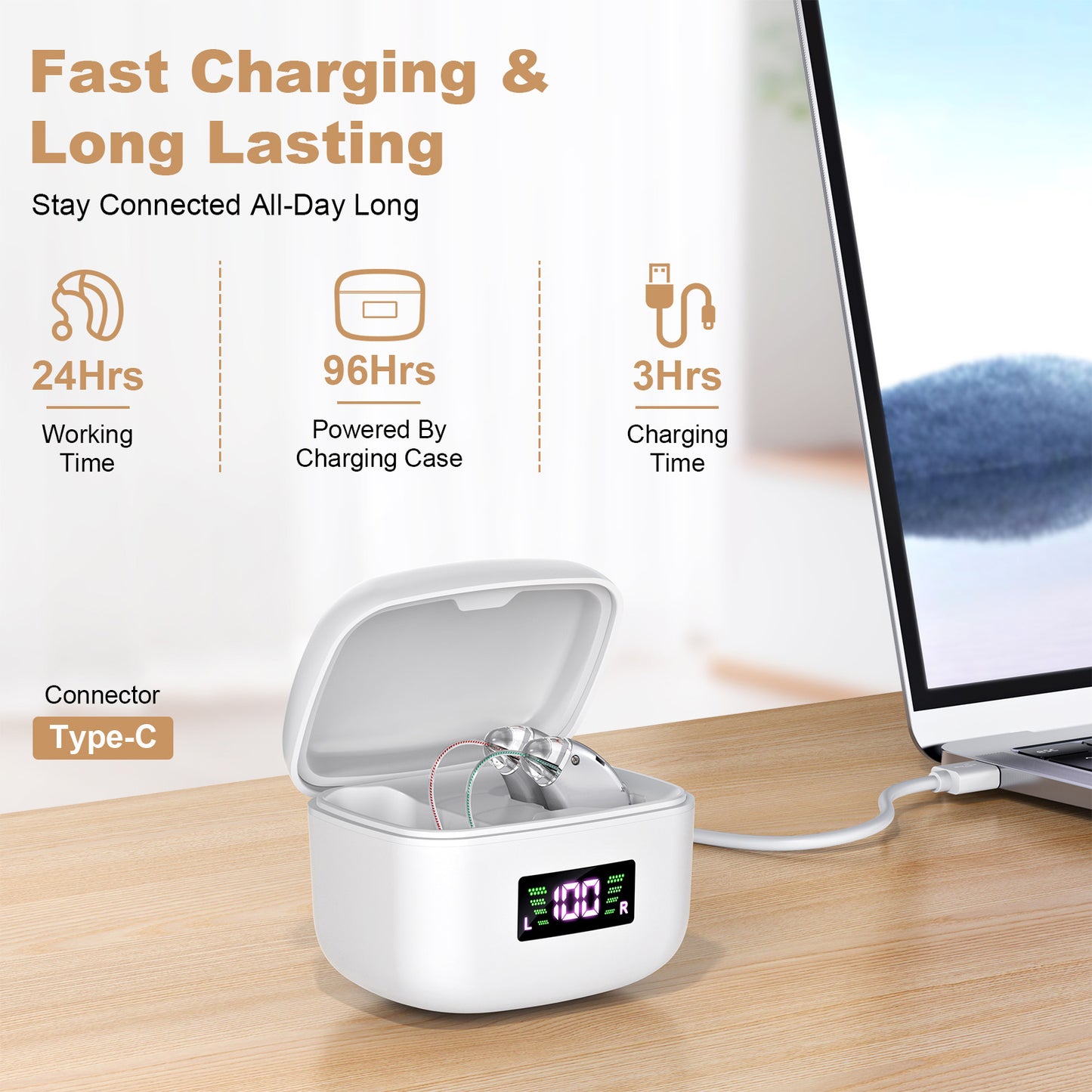 Rechargeable Behind-the-Ear Hearing Aids with Charging Case & LCD Display - Compact Sound Amplifier for V1107-CS-BCYS802