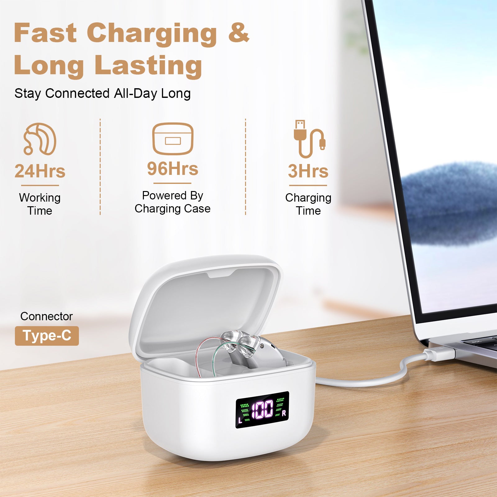 Rechargeable Behind-the-Ear Hearing Aids with Charging Case & LCD Display - Compact Sound Amplifier for V1107-CS-BCYS802