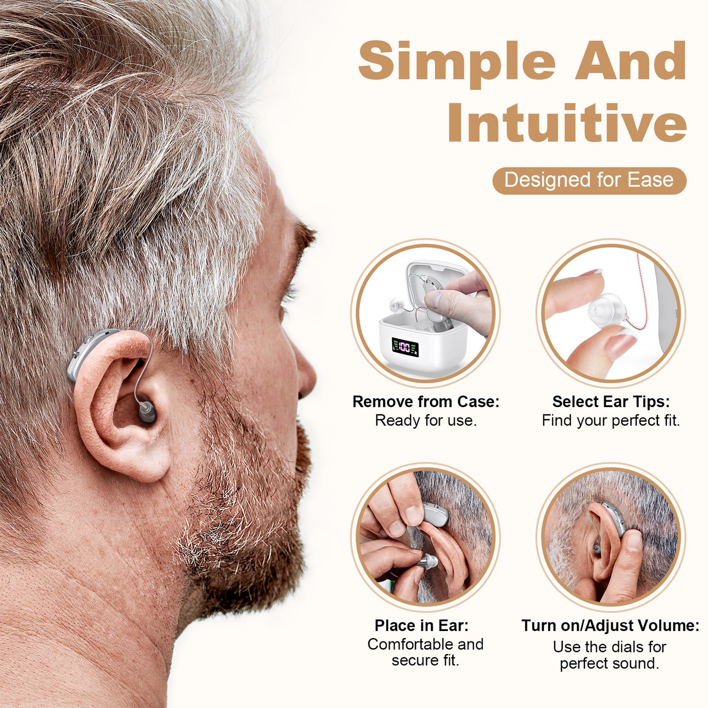 Rechargeable Behind-the-Ear Hearing Aids with Charging Case & LCD Display - Compact Sound Amplifier for V1107-CS-BCYS802