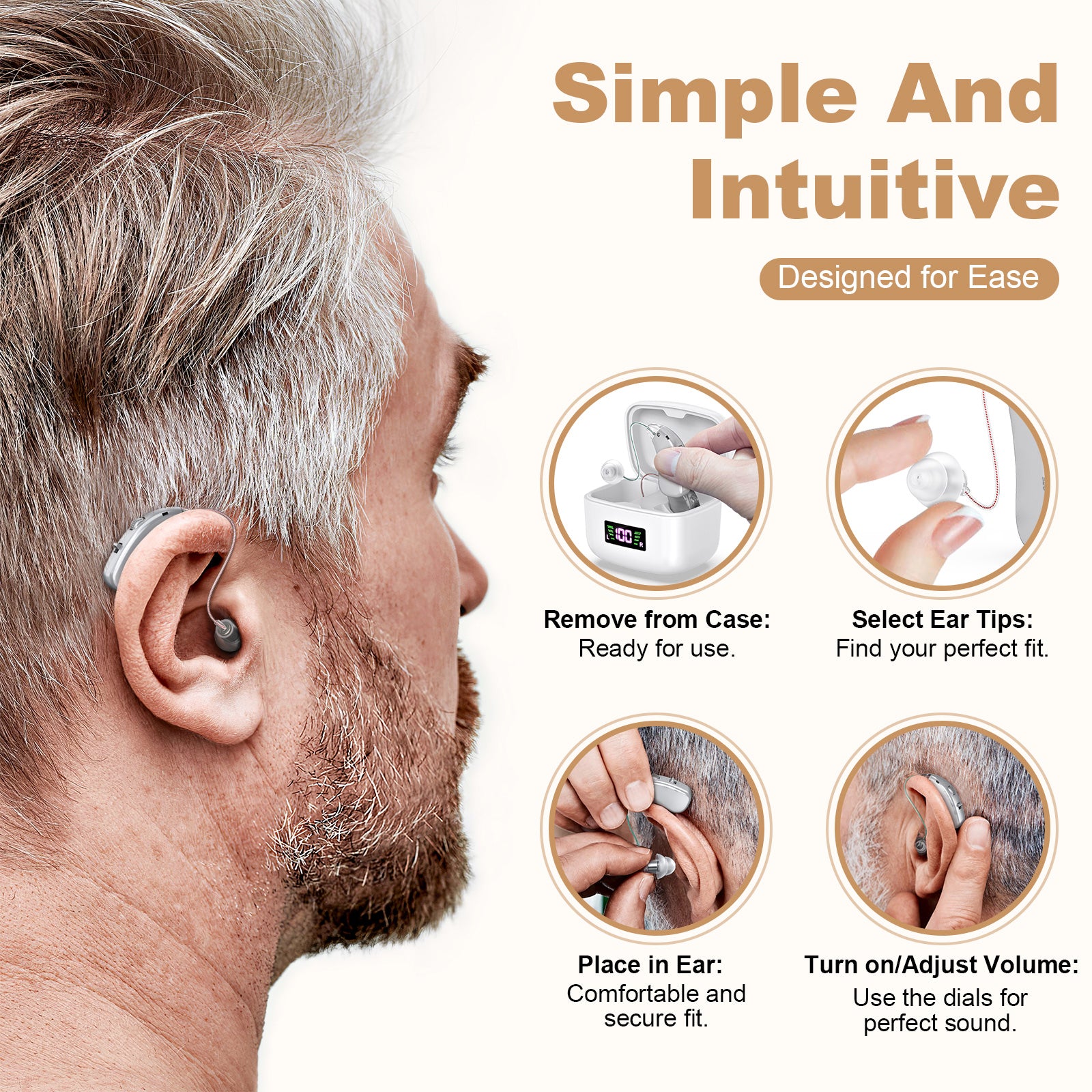 Rechargeable Behind-the-Ear Hearing Aids with Charging Case & LCD Display - Compact Sound Amplifier for V1107-CS-BCYS802