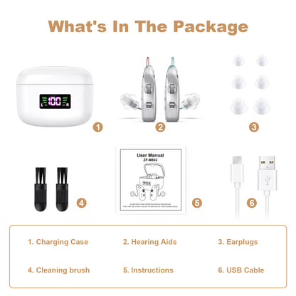 Rechargeable Behind-the-Ear Hearing Aids with Charging Case & LCD Display - Compact Sound Amplifier for V1107-CS-BCYS802