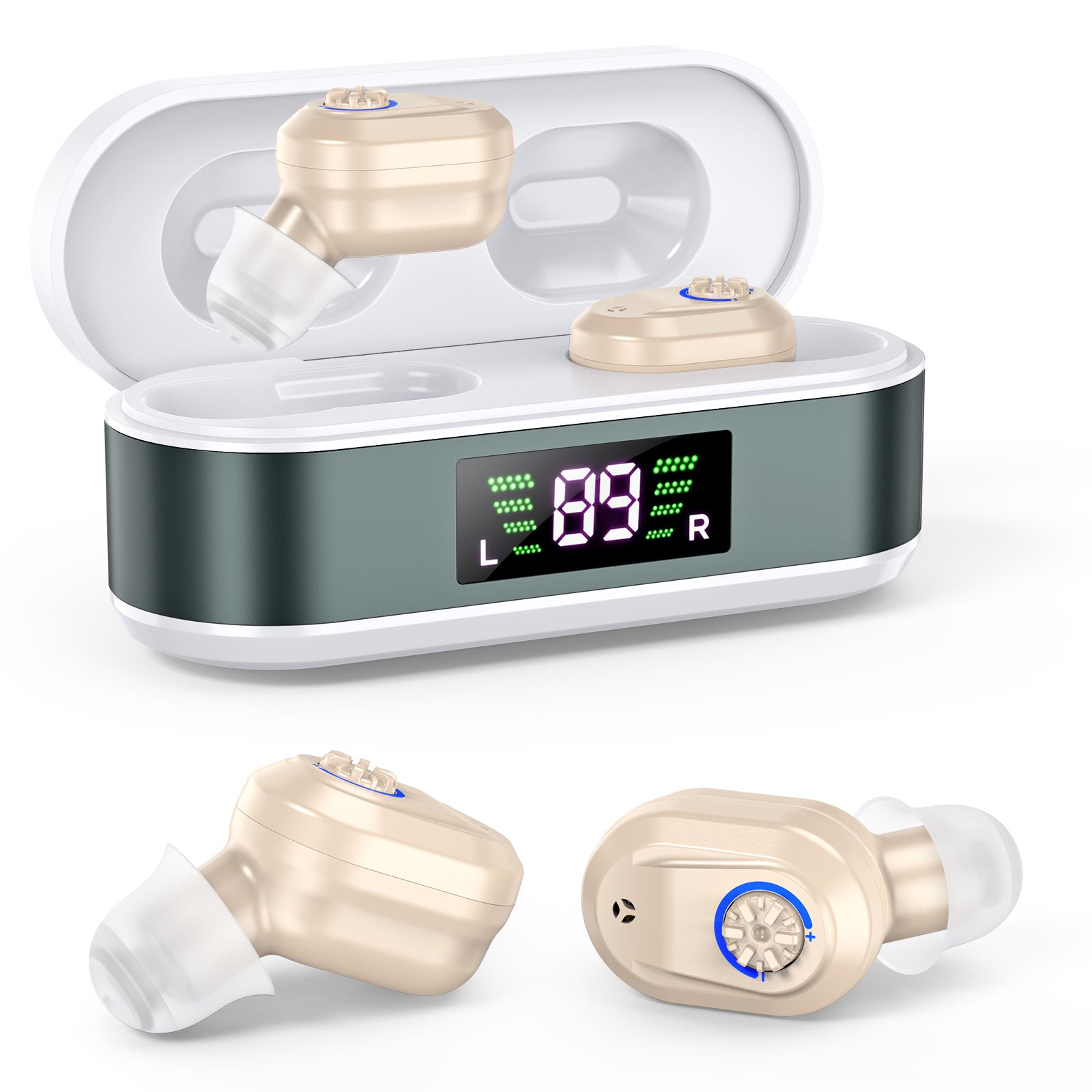 Rechargeable In-the-Ear Hearing Aids with Charging Case and LCD Display - Ultra-Compact Sound Amplifier for V1107-CS-BLCFS