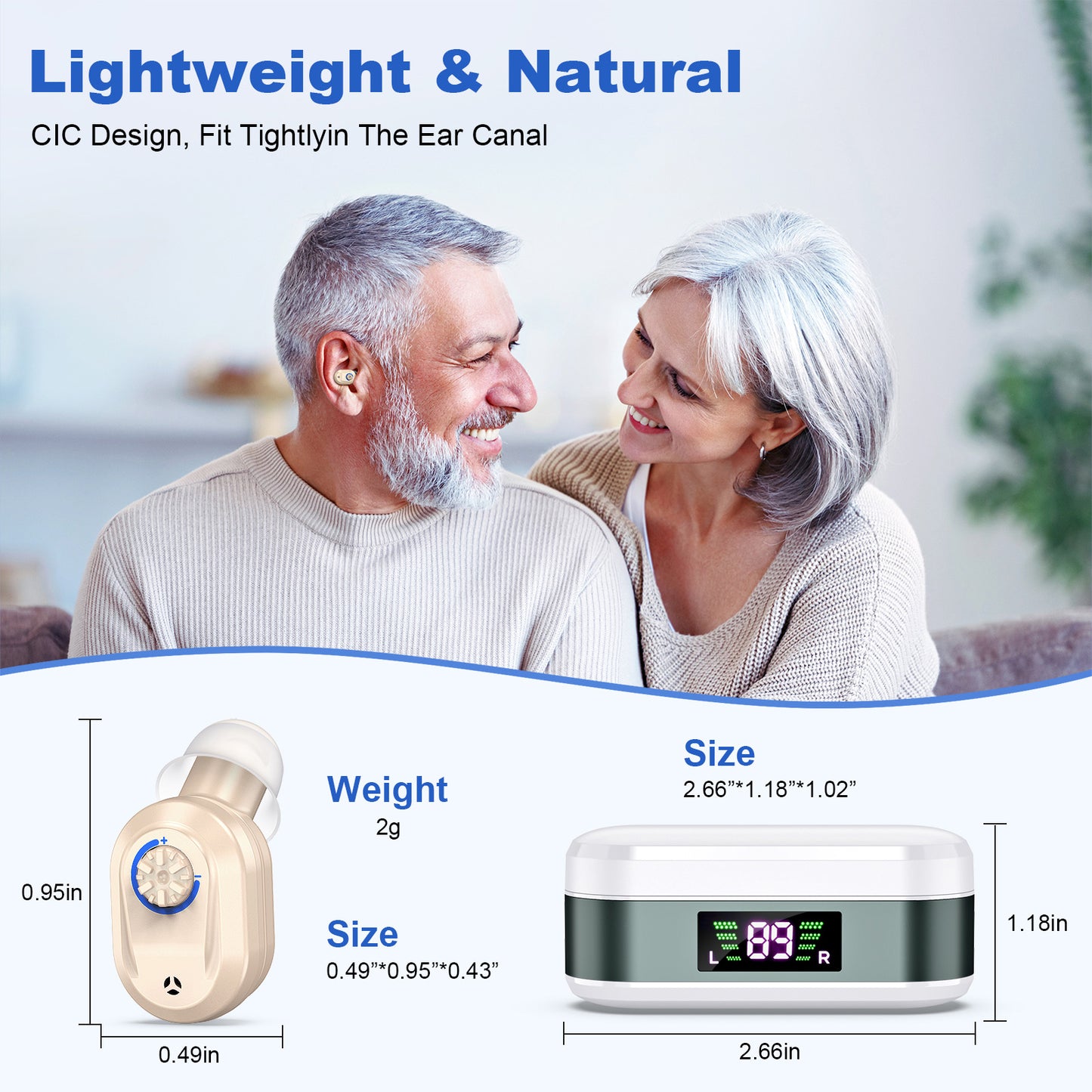 Rechargeable In-the-Ear Hearing Aids with Charging Case and LCD Display - Ultra-Compact Sound Amplifier for V1107-CS-BLCFS