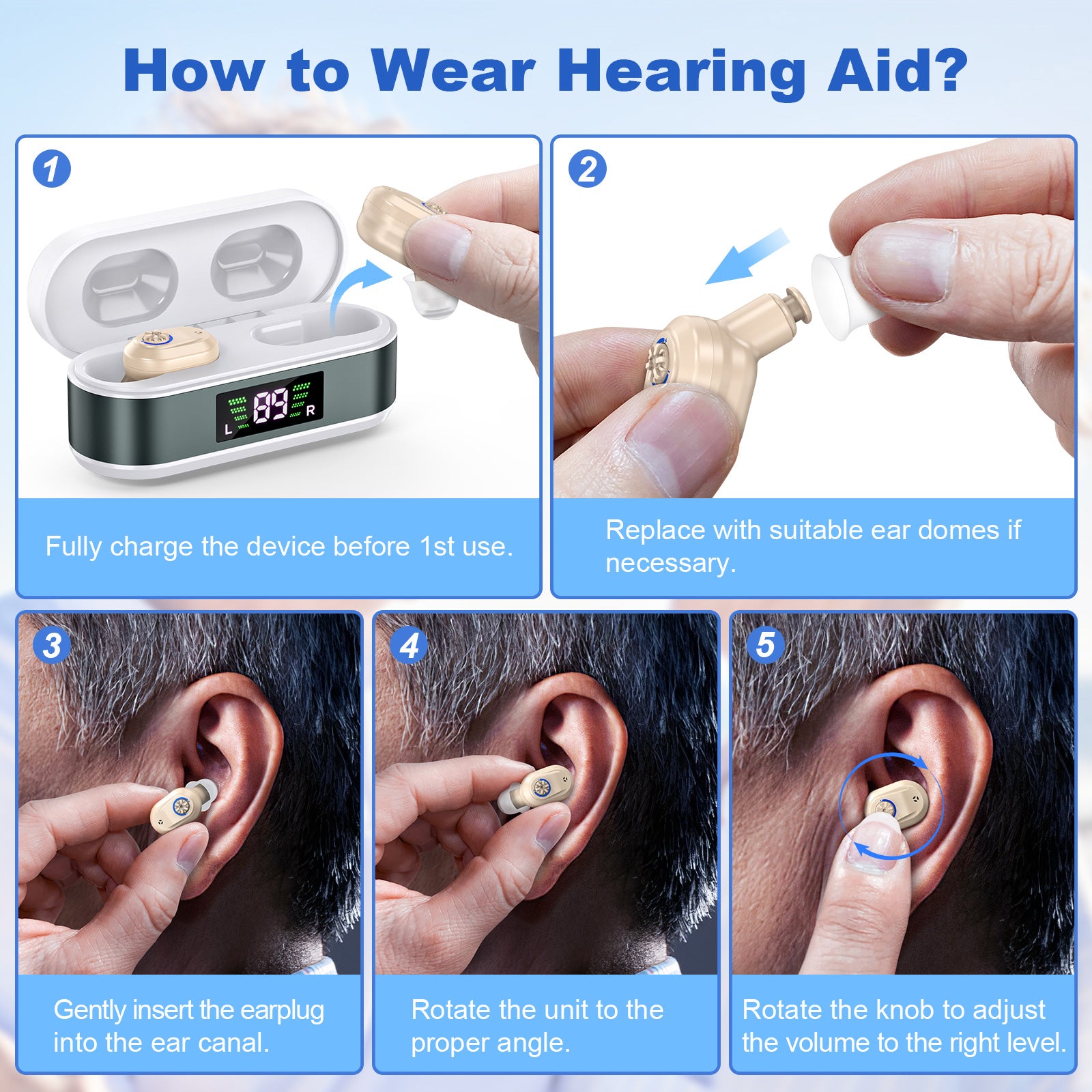 Rechargeable In-the-Ear Hearing Aids with Charging Case and LCD Display - Ultra-Compact Sound Amplifier for V1107-CS-BLCFS