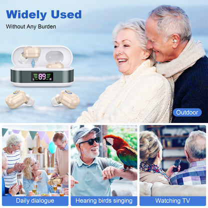 Rechargeable In-the-Ear Hearing Aids with Charging Case and LCD Display - Ultra-Compact Sound Amplifier for V1107-CS-BLCFS