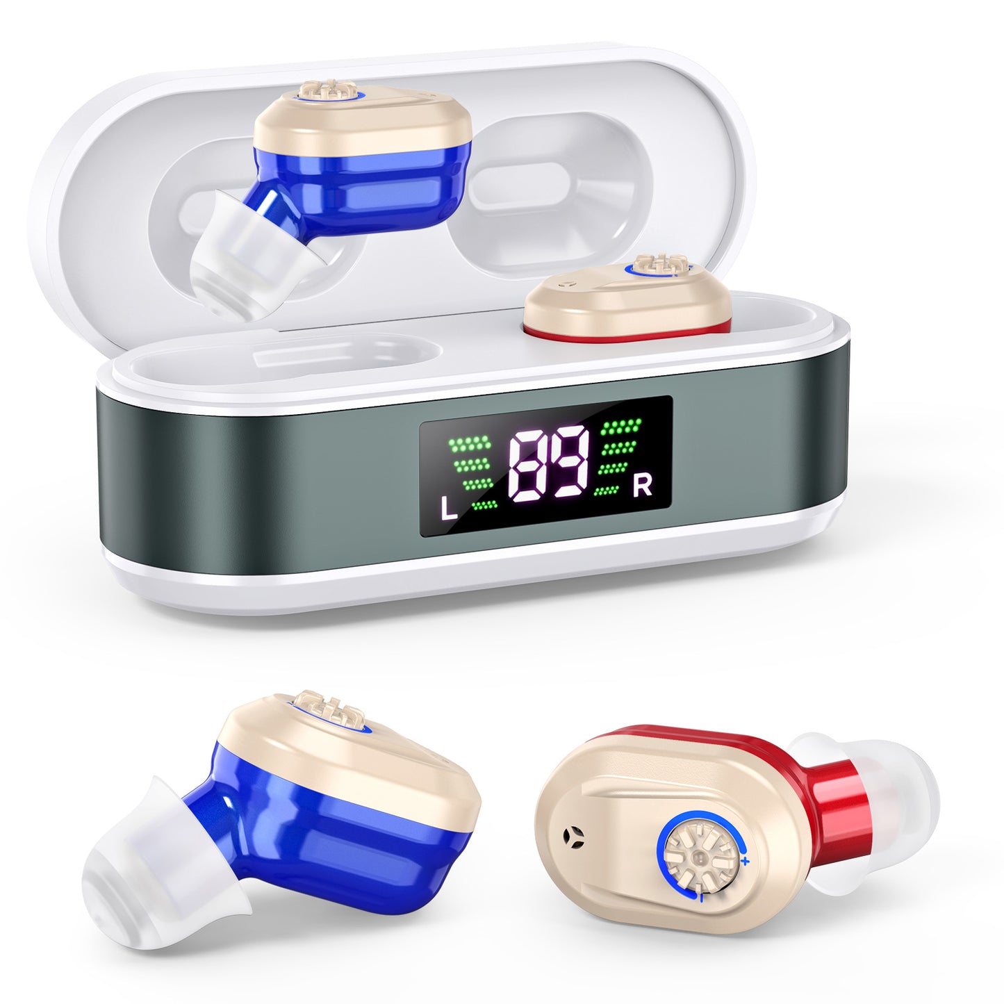 Rechargeable In-the-Ear Hearing Aids with Charging Case and LCD Display - Ultra-Compact Sound Amplifier for V1107-CS-BLCHL
