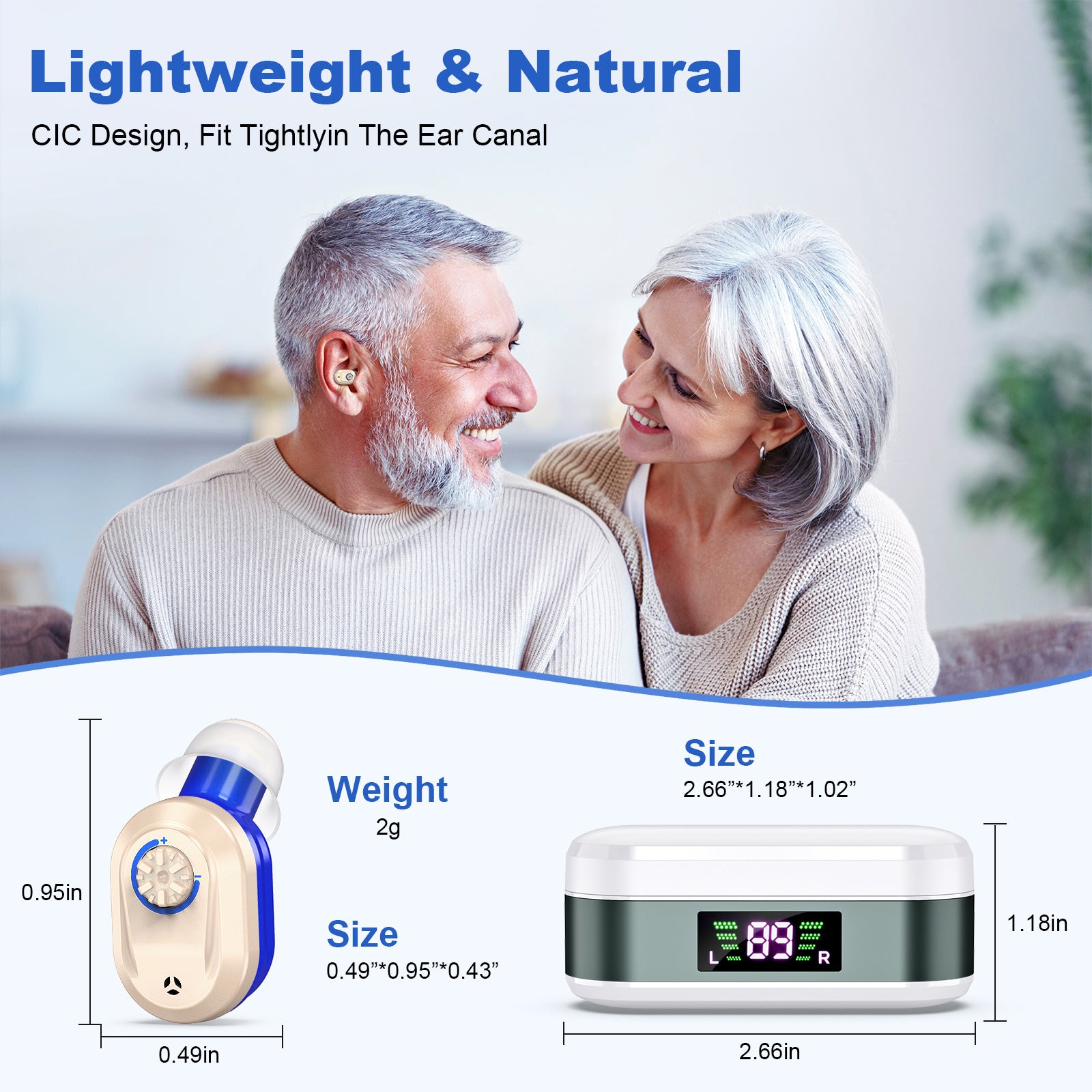 Rechargeable In-the-Ear Hearing Aids with Charging Case and LCD Display - Ultra-Compact Sound Amplifier for V1107-CS-BLCHL