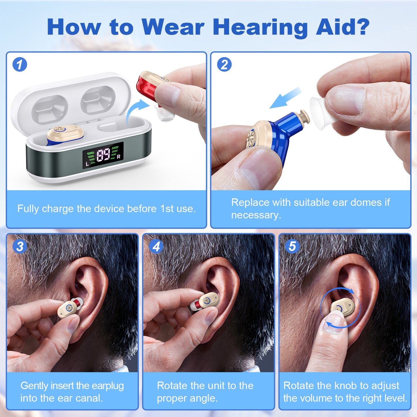 Rechargeable In-the-Ear Hearing Aids with Charging Case and LCD Display - Ultra-Compact Sound Amplifier for V1107-CS-BLCHL