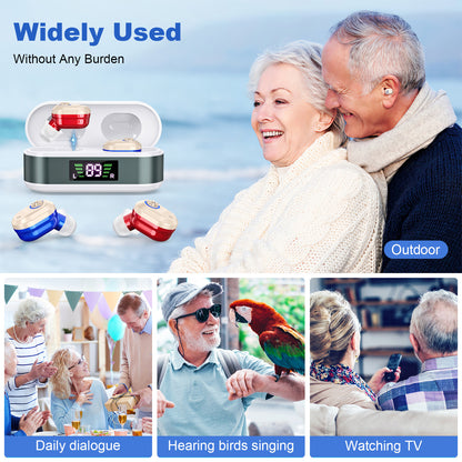Rechargeable In-the-Ear Hearing Aids with Charging Case and LCD Display - Ultra-Compact Sound Amplifier for V1107-CS-BLCHL