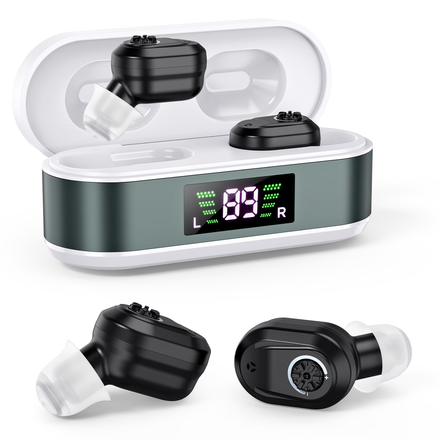 Rechargeable In-the-Ear Hearing Aids with Charging Case and LCD Display - Ultra-Compact Sound Amplifier for V1107-CS-BLCHS
