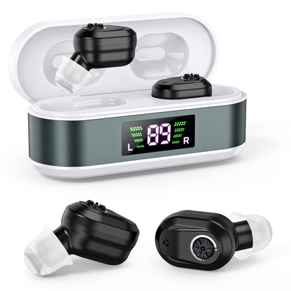 Rechargeable In-the-Ear Hearing Aids with Charging Case and LCD Display - Ultra-Compact Sound Amplifier for V1107-CS-BLCHS
