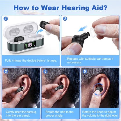 Rechargeable In-the-Ear Hearing Aids with Charging Case and LCD Display - Ultra-Compact Sound Amplifier for V1107-CS-BLCHS