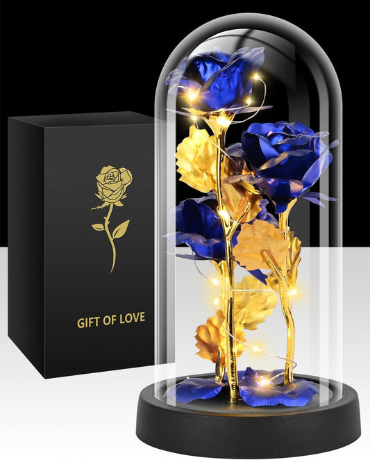 Eternal Blue Rose in Glass Dome with LED Lights, Romantic Forever Flower Gift for Valentine's Day Anniversary V1107-CS-BLZYSHL