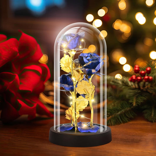 Eternal Blue Rose in Glass Dome with LED Lights, Romantic Forever Flower Gift for Valentine's Day Anniversary V1107-CS-BLZYSHL