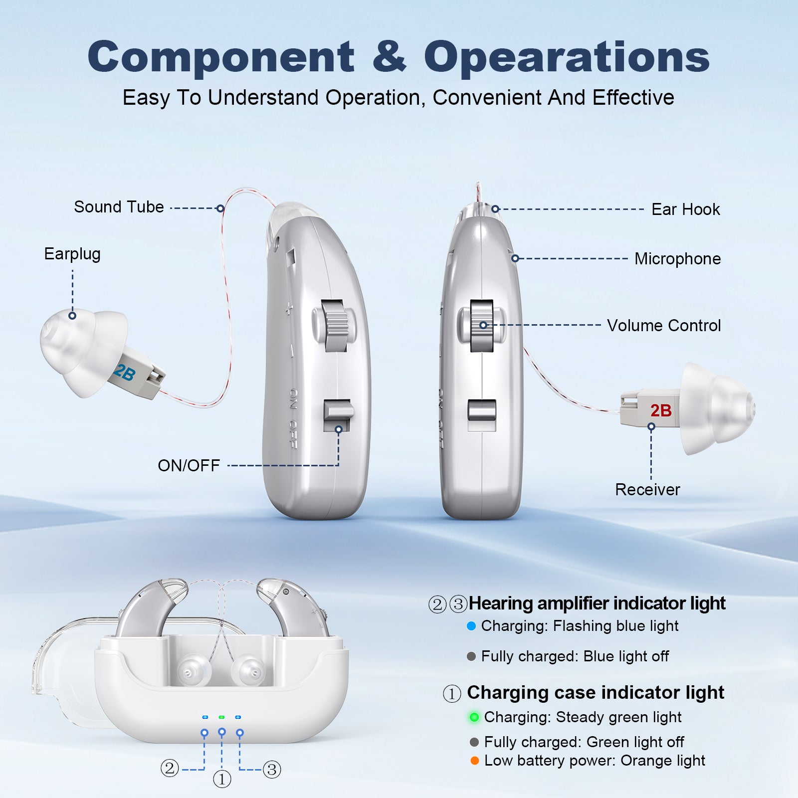 Rechargeable Hearing Amplifier with Charging Case - Compact Sound Enhancer for Daily Use, Noise Reduction & V1107-CS-BTYS905