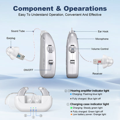 Rechargeable Hearing Amplifier with Charging Case - Compact Sound Enhancer for Daily Use, Noise Reduction & V1107-CS-BTYS905