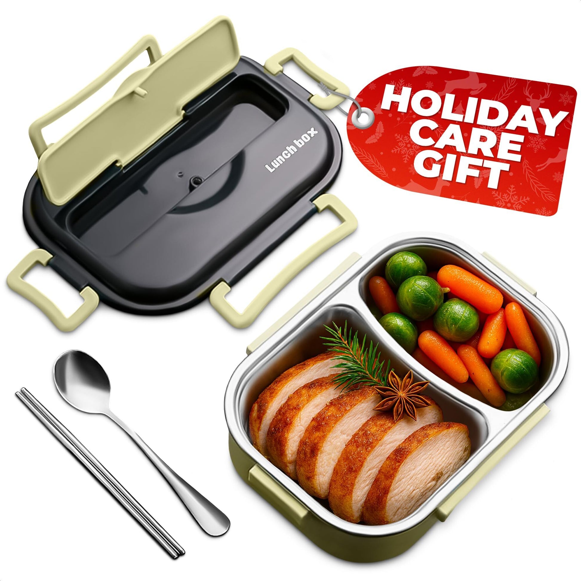 Stainless Steel Bento Lunch Box with Dual Compartments & Utensils - Microwave & Dishwasher Safe for Adults V1107-CS-BWFH
