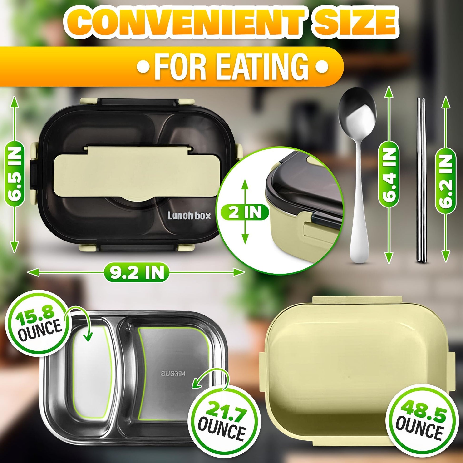 Stainless Steel Bento Lunch Box with Dual Compartments & Utensils - Microwave & Dishwasher Safe for Adults V1107-CS-BWFH
