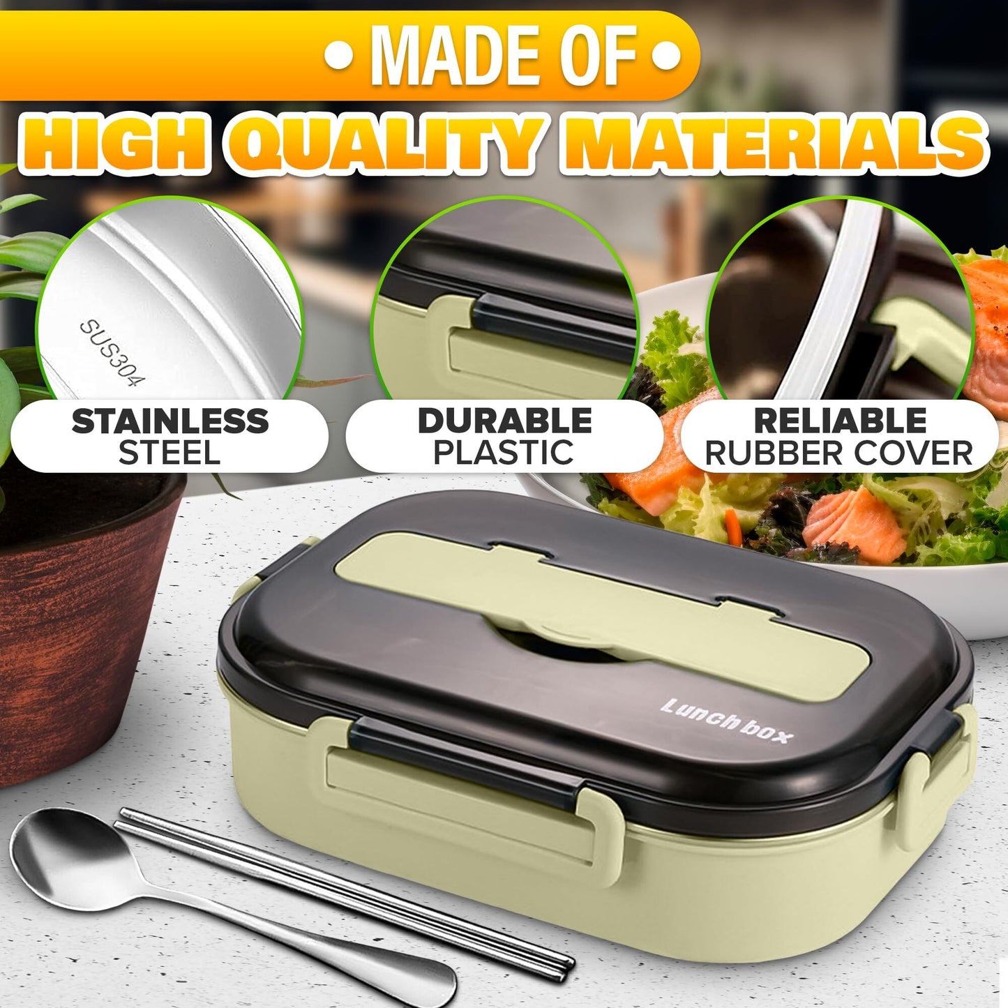 Stainless Steel Bento Lunch Box with Dual Compartments & Utensils - Microwave & Dishwasher Safe for Adults V1107-CS-BWFH
