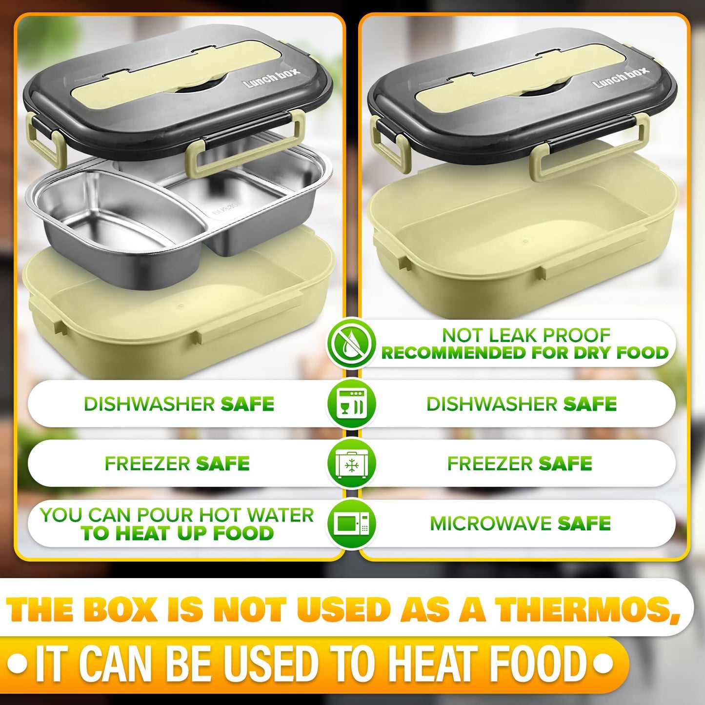 Stainless Steel Bento Lunch Box with Dual Compartments & Utensils - Microwave & Dishwasher Safe for Adults V1107-CS-BWFH