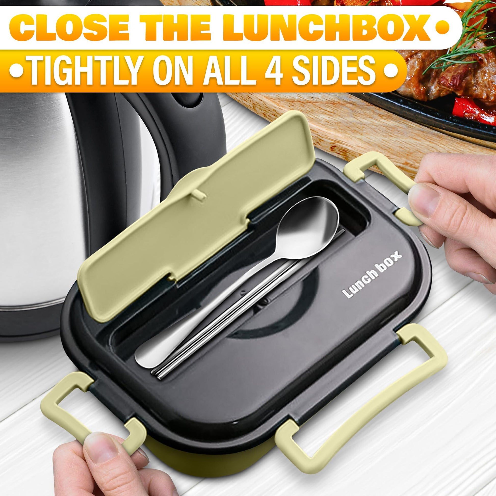Stainless Steel Bento Lunch Box with Dual Compartments & Utensils - Microwave & Dishwasher Safe for Adults V1107-CS-BWFH