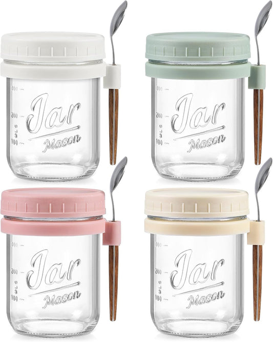 4-Pack 16oz Glass Overnight Oats Jars with Lids & Spoons, Airtight Mason Jars for Yogurt, Salad, Fruit, Meal V1107-CS-BXBLSNB